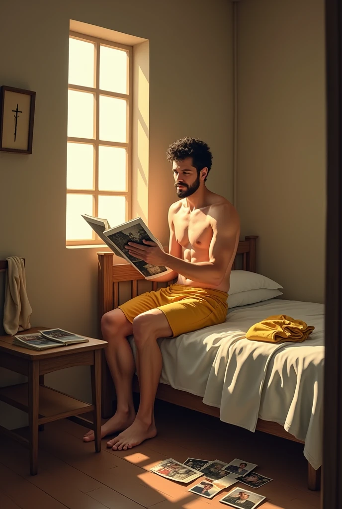 In the late afternoon heat of his simple room in the monastery, the man, a white individual of medium height and build, is dressed only in yellow underwear. His classic yellow dress shirt and white pants are neatly folded and placed on a nearby chair, while he sits on the edge of his bed, reflecting on old photographs of his childhood.
His short, curly black hair is slightly tousled, and his goatee with a prominent mustache remains neatly groomed, even in this relaxed state. The room is modest, with plain walls and minimal furnishings—a small wooden bed, a simple nightstand, and a window letting in the warm, golden light of the late afternoon. The photos, scattered across his lap and the bed, capture moments from his younger years, adding a nostalgic touch to the scene. The atmosphere is warm and contemplative, reflecting the simplicity of life within the monastery.