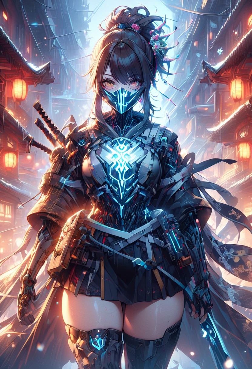 Defined female body, thick thighs, cybernetic body parts / Samurai cyborg / Girl / Blue, black and gold armor and Japanese dragon details Features / Skin: Bard / Hair: dark brown, straight and curly at the ends / Eyes: dark brown and light blue and gold / Freckles: all over her face / Her eyelashes are like snow full of flakes / Appearance: beautiful / Ice earrings / Pink lips / Tied hair/Scar: on the hand, on the arm and on the back and in the groin and also in the mouth /short skirt/Seriously.