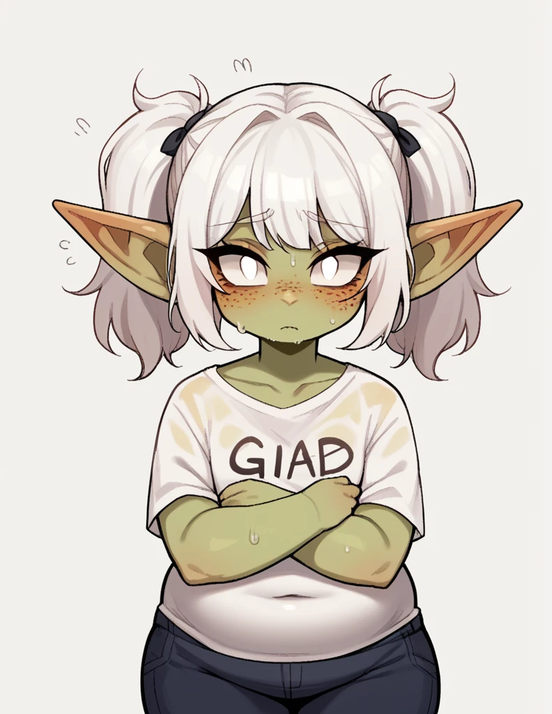 A goblin raping a girl ,stortstack,{{Wearing a white wet translucent T-shirt}}(white Hair,Double ponytails),bangs(Heavy sweating),{{{cry}}},{{Tears flowed}}Wipe your tears,blush,Freckles on the face,chubby,white eyes,individual, simple background,
