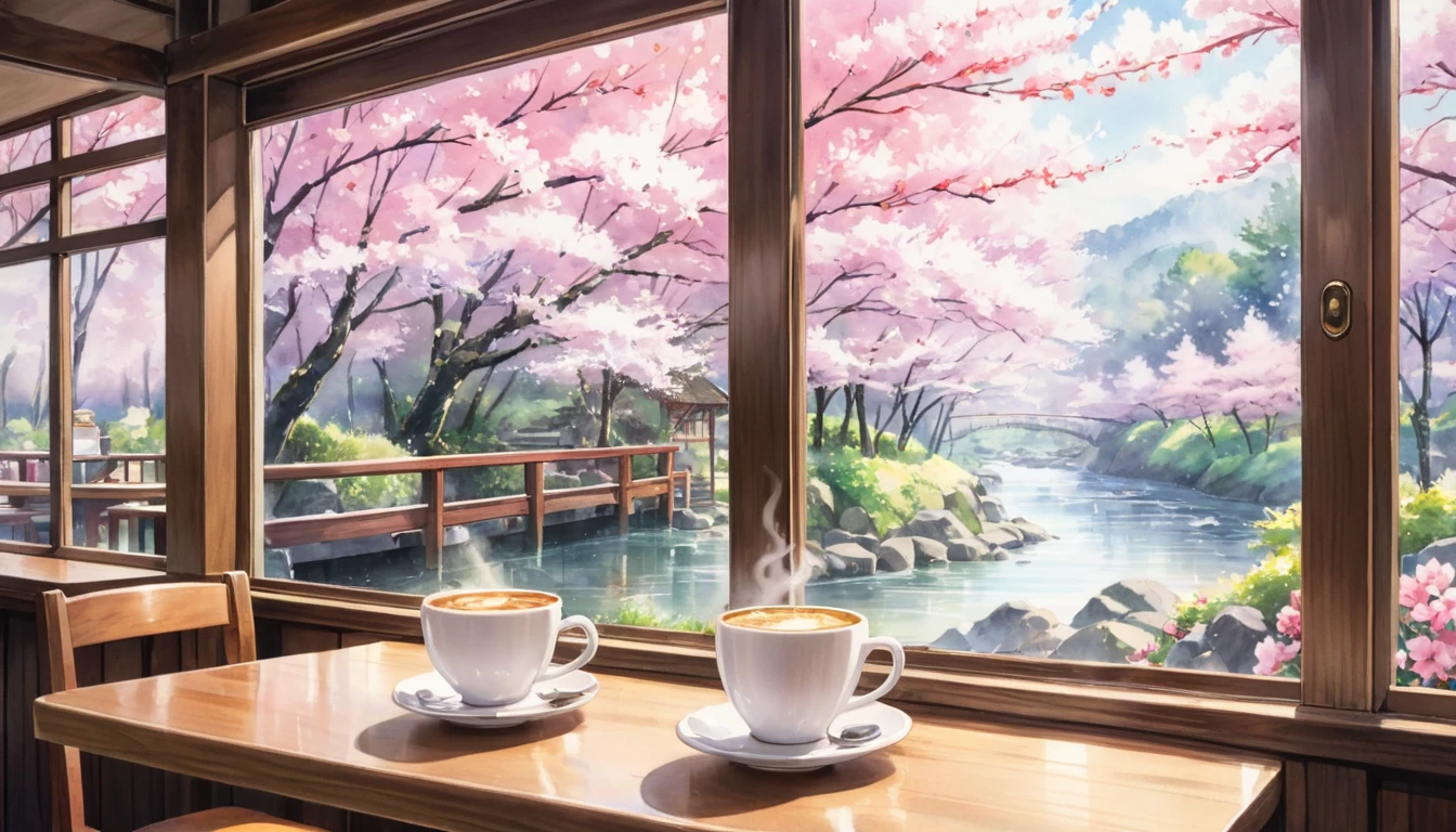 In a coffee shop, outside you can see a cherry blossom forest, a river, a Ghibli watercolor painting, a close-up of a cup of coffee, no people, there are flowers in the shop, the window is open.