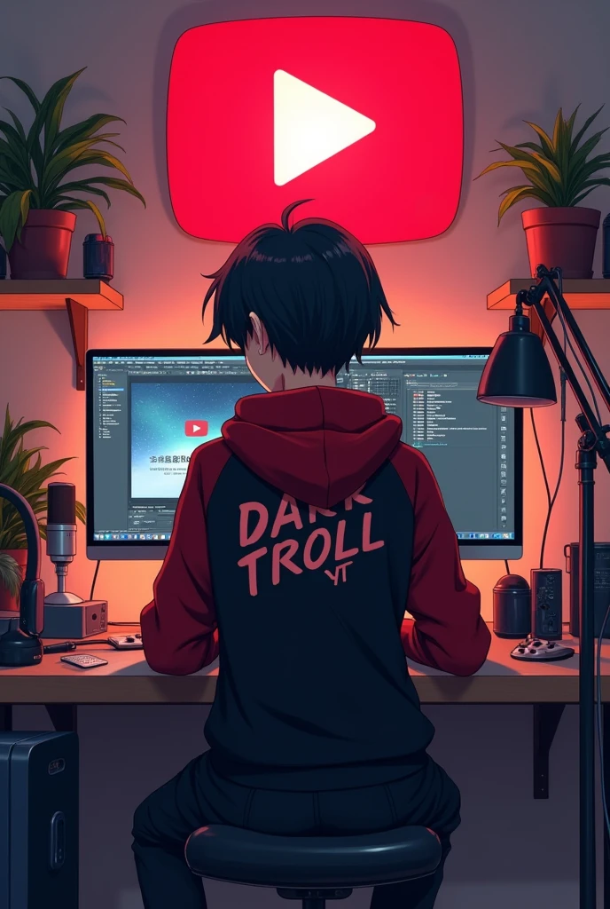 Create a image of A 15 years anime bay setting in front of a computer desk with a microphone and laptop wearing black and red hoodie with tha channel name DARK TROLL YT . Tha background includes a large YouTube  logo on tha wall potted plants on either side and various recording equipment