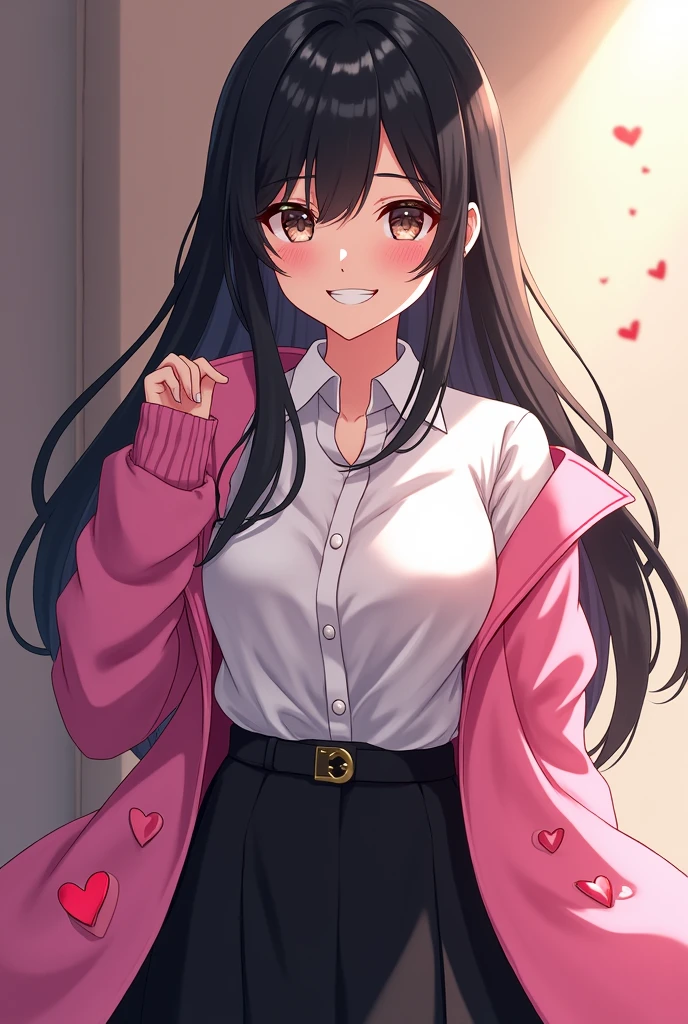 A woman with black hair and eyes, Grinning, with a black skirt, white blouse, pink coat with hearts, black sneakers, with a close-up capturing the harmonious beauty between her breasts, showing off your natural charm and outgoing personality, anime styling