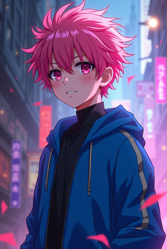 Make a boy with pink hair and a blue jacket in the style of the anime Jujutsu Kaisen, make him very handsome and cute, make him 1 meter 85, make him more in the style of the anime Jujutsu Kaisen.