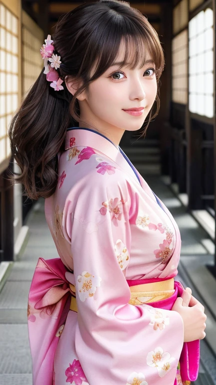 1 person, (Wearing a pink floral kimono.:1.2), Very beautiful Japanese idol portraits, (RAW Photos, Highest quality), (Realistic, Realistic:1.4), (masterpiece), Very delicate and beautiful, Very detailed, 2k wallpaper, wonderful, finely, Very detailed CG Unity 8k 壁紙, Very detailed, High resolution, Soft Light, Beautiful details, Very detailedの目と顔, Beautiful and sophisticated nose, Beautiful and beautiful eyes, Cinema Lighting, (Commemorative photo in Kyoto:1.3), (blue sky), (Japanese hairstyle), (Tie your hair at the back:1.3), (bangs), (hairpin), Complete Anatomy, Slender body, Small breasts, smile
