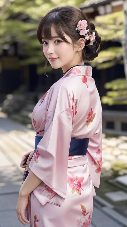 1 person, (Wearing a pink floral kimono.:1.2), Very beautiful Japanese idol portraits, (RAW Photos, Highest quality), (Realistic, Realistic:1.4), (masterpiece), Very delicate and beautiful, Very detailed, 2k wallpaper, wonderful, finely, Very detailed CG Unity 8k 壁紙, Very detailed, High resolution, Soft Light, Beautiful details, Very detailedの目と顔, Beautiful and sophisticated nose, Beautiful and beautiful eyes, Cinema Lighting, (Commemorative photo in Kyoto:1.3), (blue sky), (Japanese hairstyle), (Tie your hair at the back:1.3), (bangs), (hairpin), Complete Anatomy, Slender body, Small breasts, smile