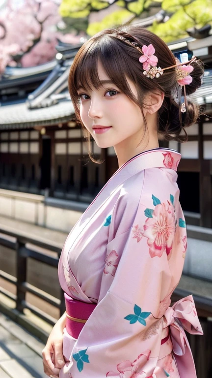 1 person, (Wearing a pink floral kimono.:1.2), Very beautiful Japanese idol portraits, (RAW Photos, Highest quality), (Realistic, Realistic:1.4), (masterpiece), Very delicate and beautiful, Very detailed, 2k wallpaper, wonderful, finely, Very detailed CG Unity 8k 壁紙, Very detailed, High resolution, Soft Light, Beautiful details, Very detailedの目と顔, Beautiful and sophisticated nose, Beautiful and beautiful eyes, Cinema Lighting, (Commemorative photo in Kyoto:1.3), (blue sky), (Japanese hairstyle), (Tie your hair at the back:1.3), (bangs), (hairpin), Complete ???????, Slender body, Small breasts, smile