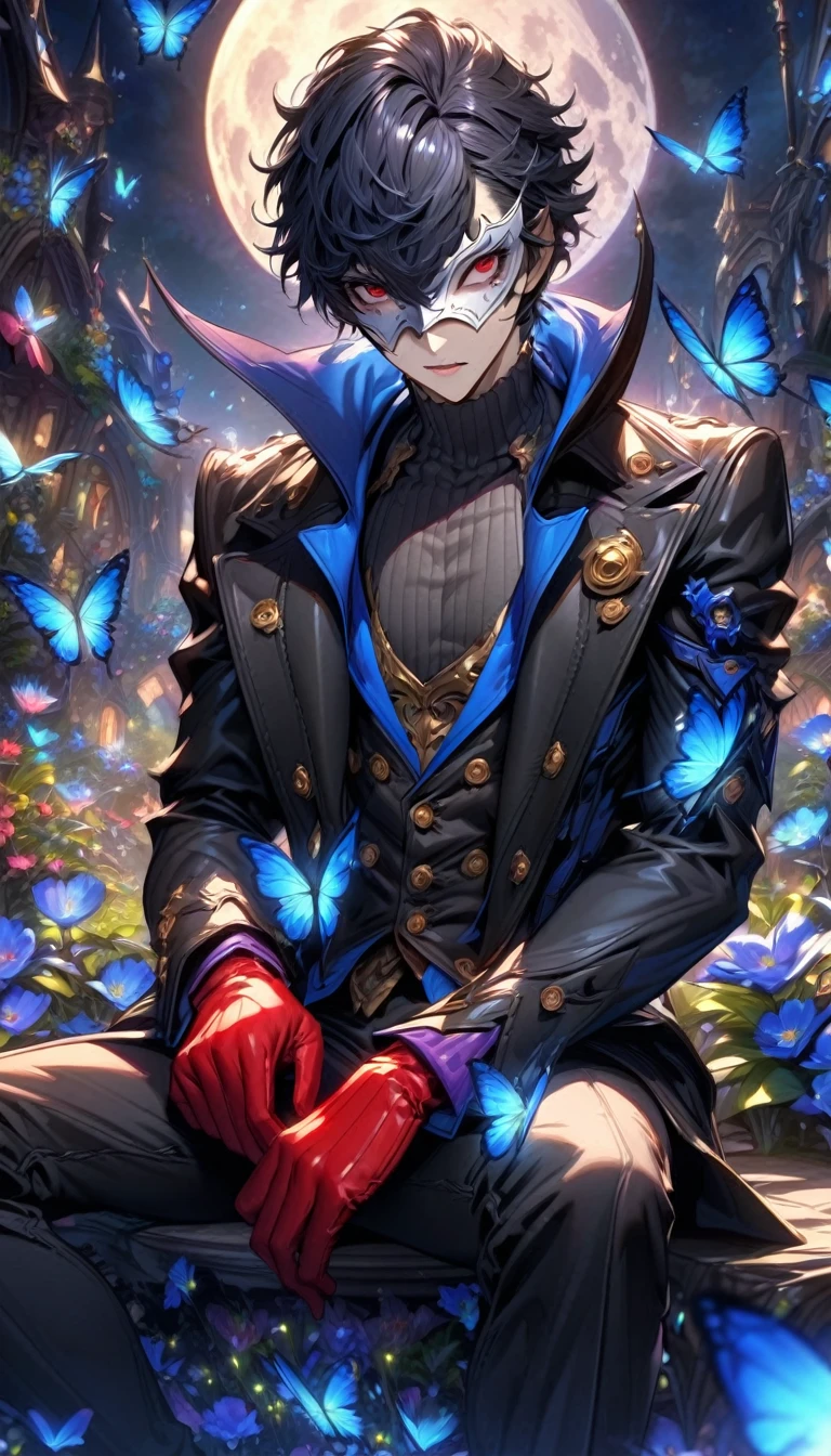 absurdres, highres, ultra detailed, HDR, masterpiece, extremely detailed, detailed face, Joker, black hair, expressive red eyes, persona 5, solo, sexy man, sitting, handsome, sensual, adult face, black coat, dark gray turtleneck vest, red gloves, white eye mask, black pants, fantasy, garden, blue shining moon, blue glittering butterflies, magical, fantasy, glittering, blue flowers, round blue fireflies