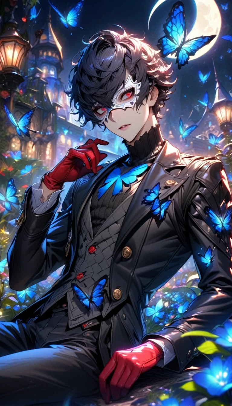 absurdres, highres, ultra detailed, HDR, masterpiece, extremely detailed, detailed face, Joker, black hair, expressive red eyes, persona 5, solo, sexy man, sitting, handsome, sensual, adult face, black coat, dark gray turtleneck vest, red gloves, white eye mask, black pants, fantasy, garden, blue shining moon, blue glittering butterflies, magical, fantasy, glittering, blue flowers, round blue fireflies