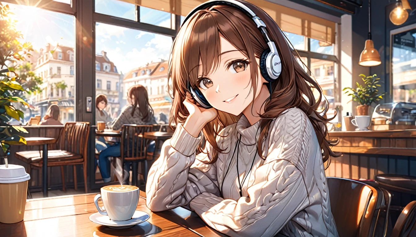 background：A window seat in a quiet cafe：Gentle smile costume：Casual sweater and jeans pose：Holding a coffee cup in hand：In a cafe bathed in morning sunlight、Relaxing morning moments

(Brown haired woman wearing headphones), (Relaxing morning at the cafe), (Very detailed, masterpiece, Highest quality, bright), (Anime Style)
