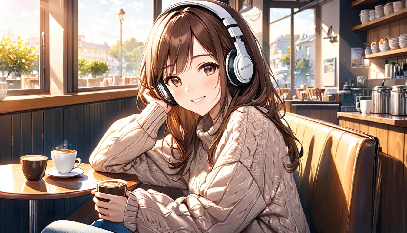 background:A window seat in a quiet cafe:Gentle smile costume:Casual sweater and jeans pose:Holding a coffee cup in hand:In a cafe bathed in morning sunlight、Relaxing morning moments
(Brown haired woman wearing headphones), (Relaxing morning at the cafe), (Very detailed, masterpiece, Highest quality, bright), (Anime Style)