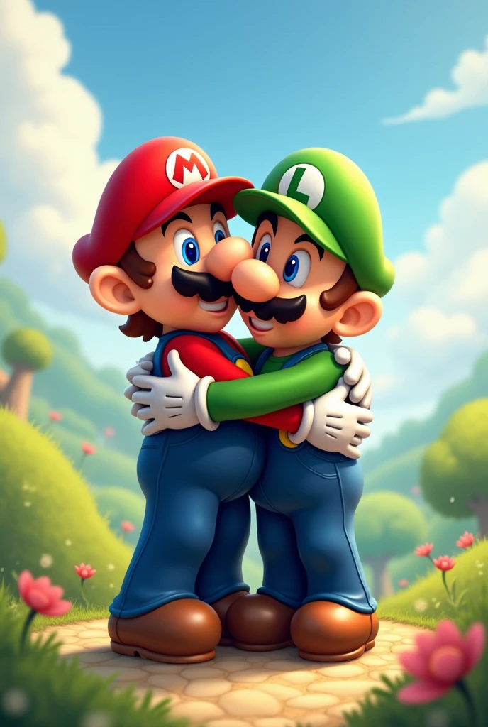 Mario hugs Luigi