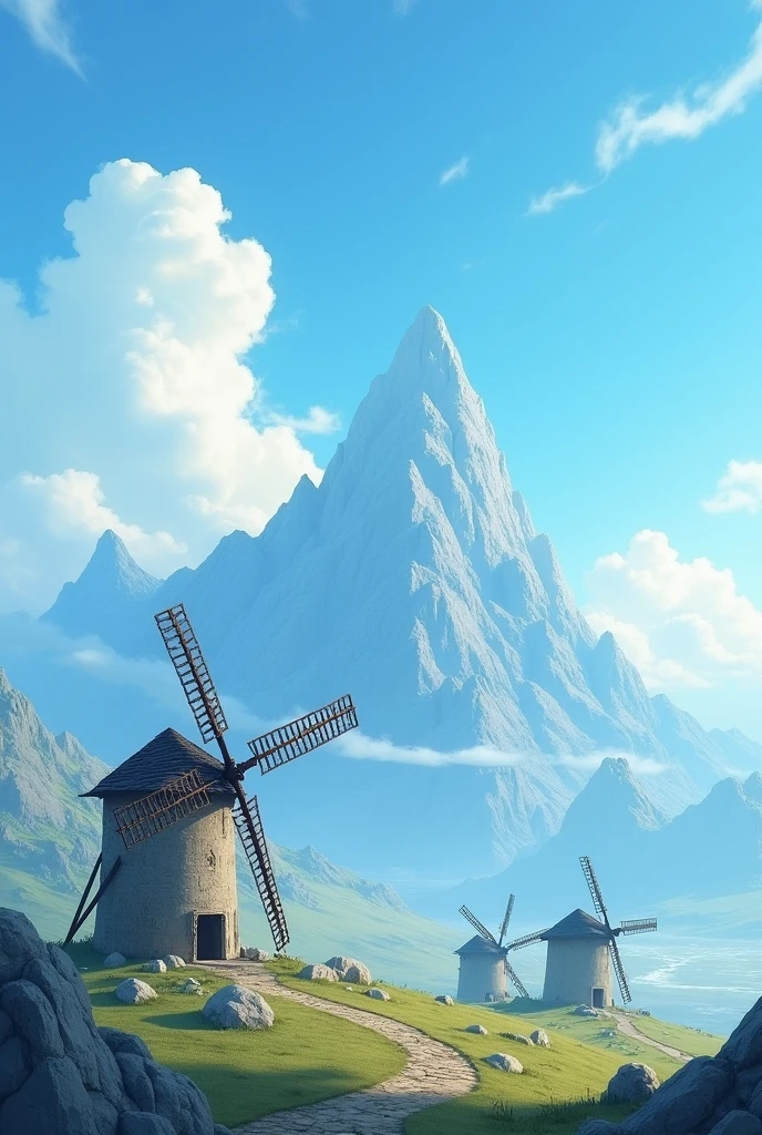 Blue sky with clouds , a mountain with ancient windmills