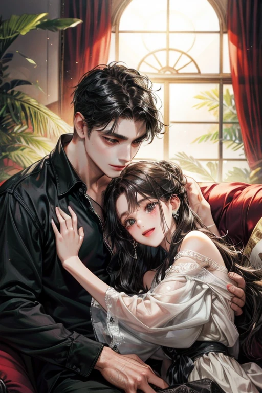 couple, black eyes, sofa, happy