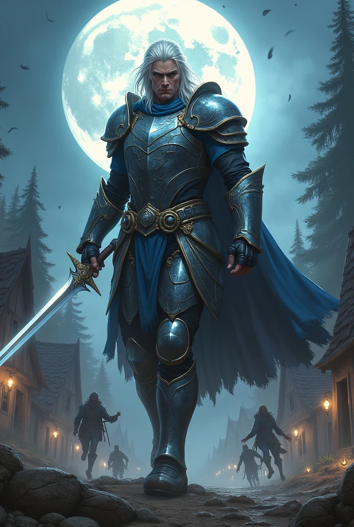 Orion Battles the Marauders:**
- "A tall, white-haired warrior with blue eyes, dressed in shimmering armor, fights against a group of marauders. The warrior's movements are graceful yet powerful, wielding a sword with skill. The marauders, clad in dark, ragged clothing, are fleeing in terror. The setting is a small village under a full moon, with houses and trees in the background."