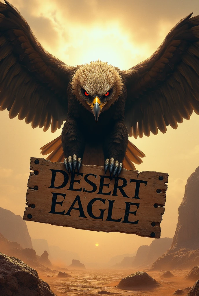 Eagle flying with an evil face and in its claws a wooden sign written in ancient capital letters DESERT EAGLE in a cracked desert