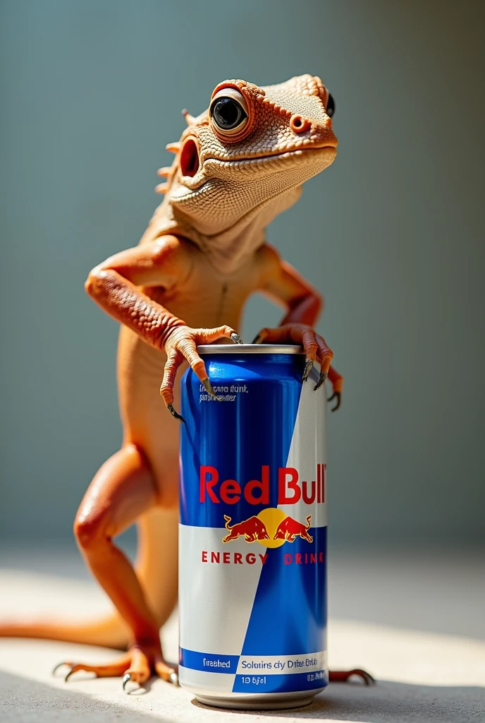 Lizard with foot on top of Red Bull bull