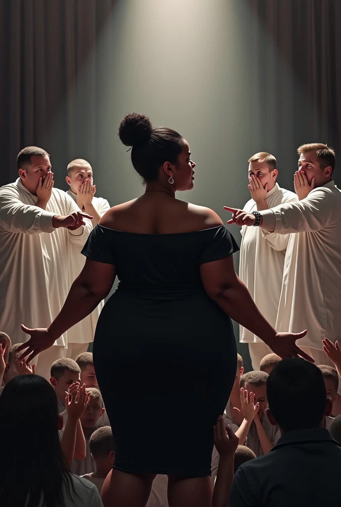 A black woman chubby  with her l hair in a low bun  in a black  dress acting shocked while 5 people in white on stage point at her with their mouth covered while surrounded by a shocked audience 