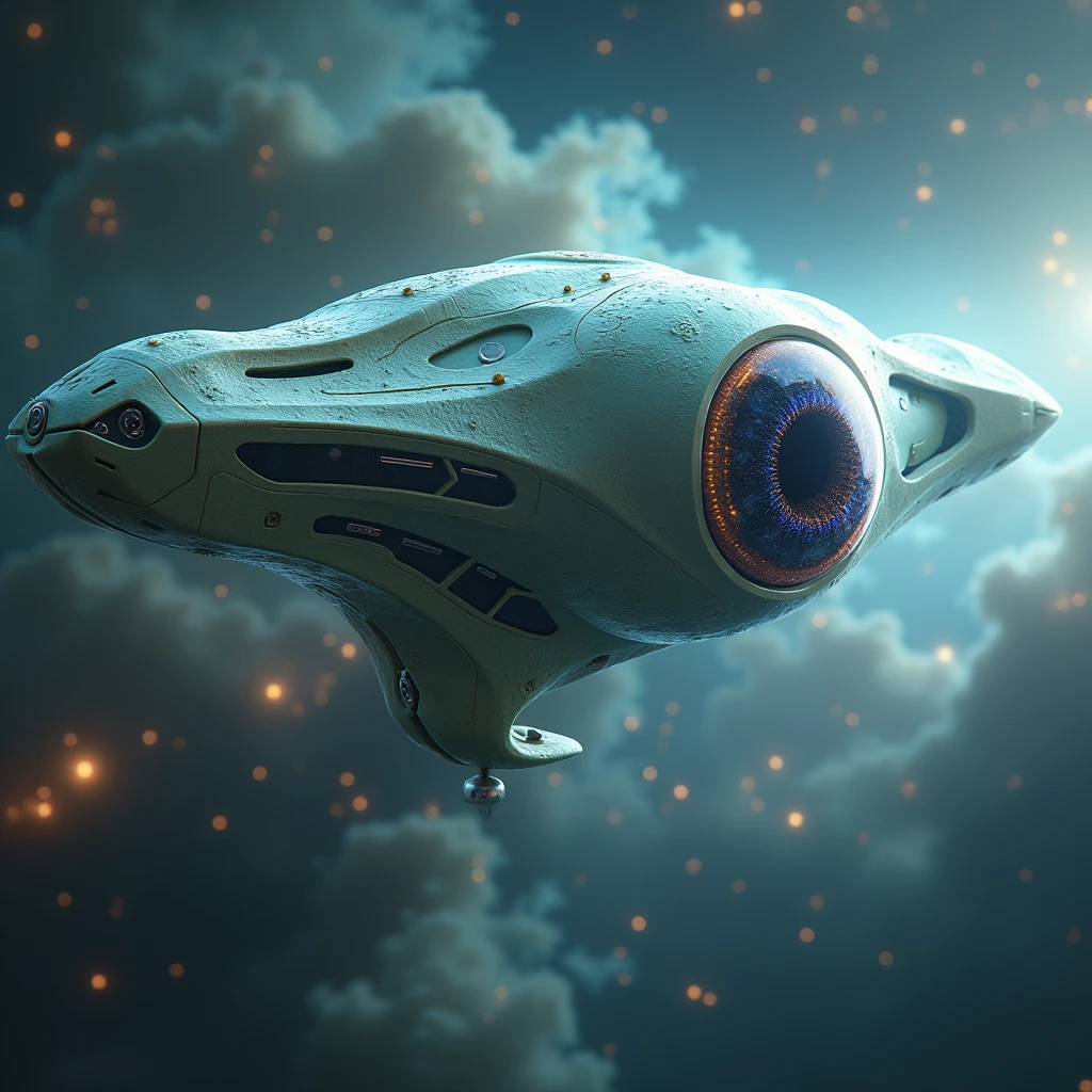 an alien spaceship，The pupil of the eyeball flies outward in one eye。