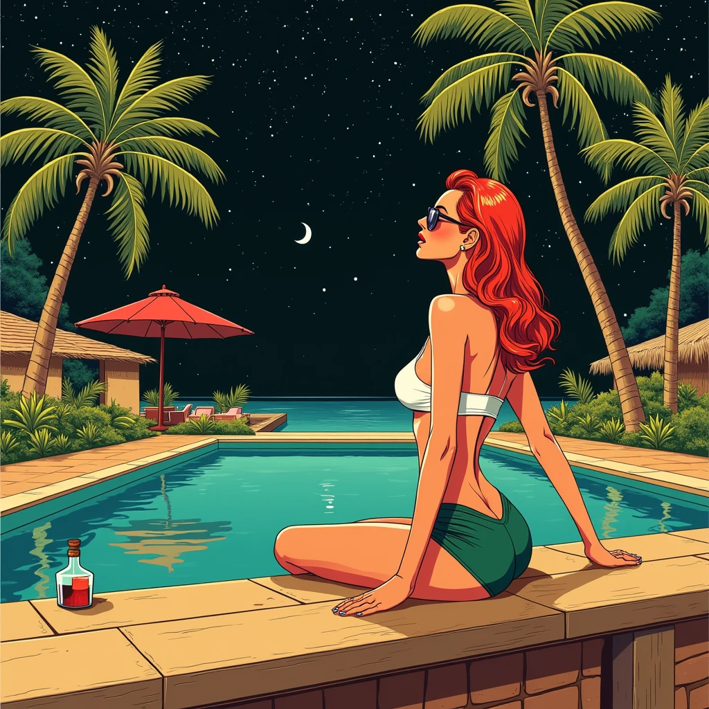Create a standalone illustration with edges seamlessly blend into a dark background, in 1960s retro aesthetic, vintage erotic art style, with use of negative space. This eye-catching, attention-grabbing print is unique, provocative, and edgy, appealing to adult lovers of original prints. The edges of the composition seamlessly blends into a clean, simple background. In front of the composition, design features a graffiti or comic book style title "GREEN BAR" in large bold letters, harmonizing with the tropical color palette. Center the composition on close-up of breast of a stunning 40-year-old woman sitting at the tropical bar looking out to swimming pool, glasses, red hair, wearing short shorts and crop top with low neckline, focus on her hips, from the above, cosmic night sky, detailed palm trees, epic, extraordinary, by Frank Frazetta, by Brian Bolland, vivid colors, crisp details of face