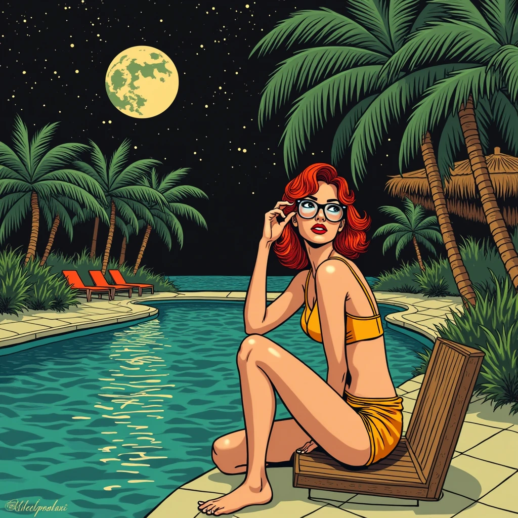 Create a standalone illustration with edges seamlessly blend into a dark background, in 1960s retro aesthetic, vintage erotic art style, with use of negative space. This eye-catching, attention-grabbing print is unique, provocative, and edgy, appealing to adult lovers of original prints. The edges of the composition seamlessly blends into a clean, simple background. In front of the composition, design features a graffiti or comic book style title "GREEN BAR" in large bold letters, harmonizing with the tropical color palette. Center the composition on close-up of breast of a stunning 40-year-old woman sitting at the tropical bar looking out to swimming pool, glasses, red hair, wearing short shorts and crop top with low neckline, focus on her hips, from the above, cosmic night sky, detailed palm trees, epic, extraordinary, by Frank Frazetta, by Brian Bolland, vivid colors, crisp details of face