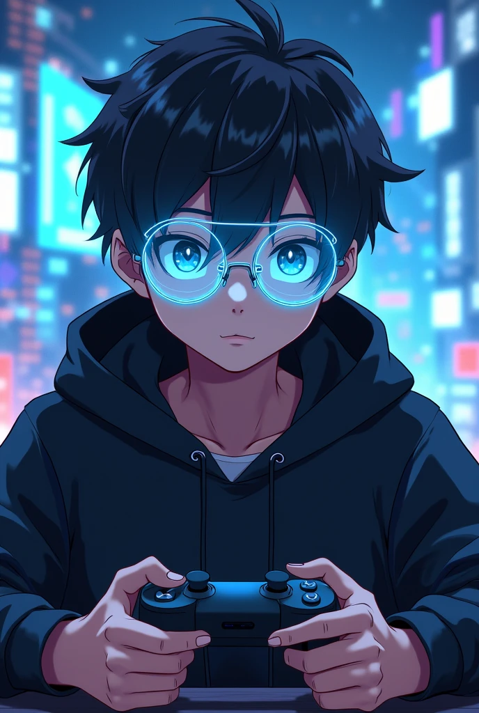 Anime boy with headphone with transparent sky blue glasses with play bgmi with black hoodie