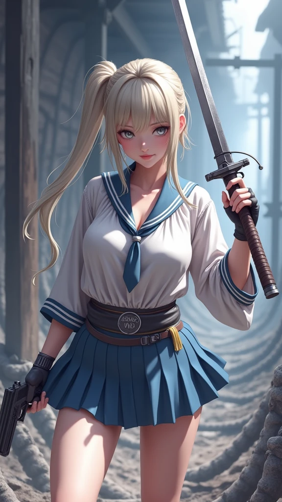 blond woman in a blue dress holding a sword and a gun,vestuario samurái colegiala japonesa, (mini skirt plizada :1.4),(Babydoll Sucker Punch) ,(corbata colegiala :1.4) ) ,mostrando vientre plano, ciri from the witcher, elisha cuthbert as a rpg warrior, ciri, imogen poots as a holy warrior, dove cameron in a knight armor, imogen poots as a d&d paladin, imogen poots as a paladin, (Sucker Punch:1.4), high quality, (RAW photo, best quality), (realistic, photorealistic: 1.4), (extremely delicate and beautiful: 1.4), amazing, fine details, masterpiece, ultra detailed, high resolution, best illustration, best shadow, intricate, ( extremely intricate: 1.2), (exquisitely detailed skin), cinematic light, perfect anatomy, (cool color: 1.4), sharp focus, 8k UHD, DSLR, (Fujifilm XT3),(fondo trincheras utilizadas en la Segunda Guerra Mundial en las líneas de combate), (alambre de púas trinchera :1.4)