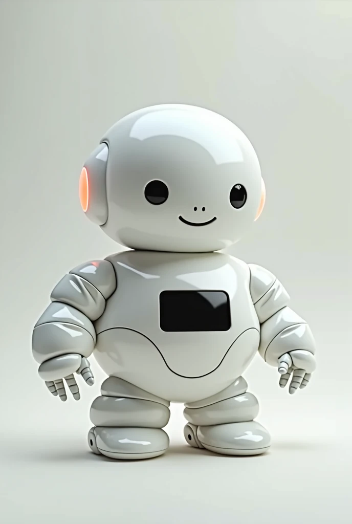 A cute robot made to care for the elderly, he is not that tall and is relatively fat, design simples mas caricato, It is completely white and made of an inflatable material., has fingers and hands, It has legs but no feet and in its belly it carries a display or screen