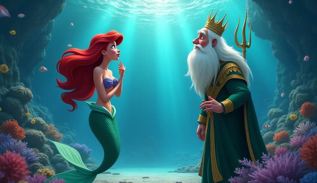 Ariel looking at the surface while talking to her father King Triton