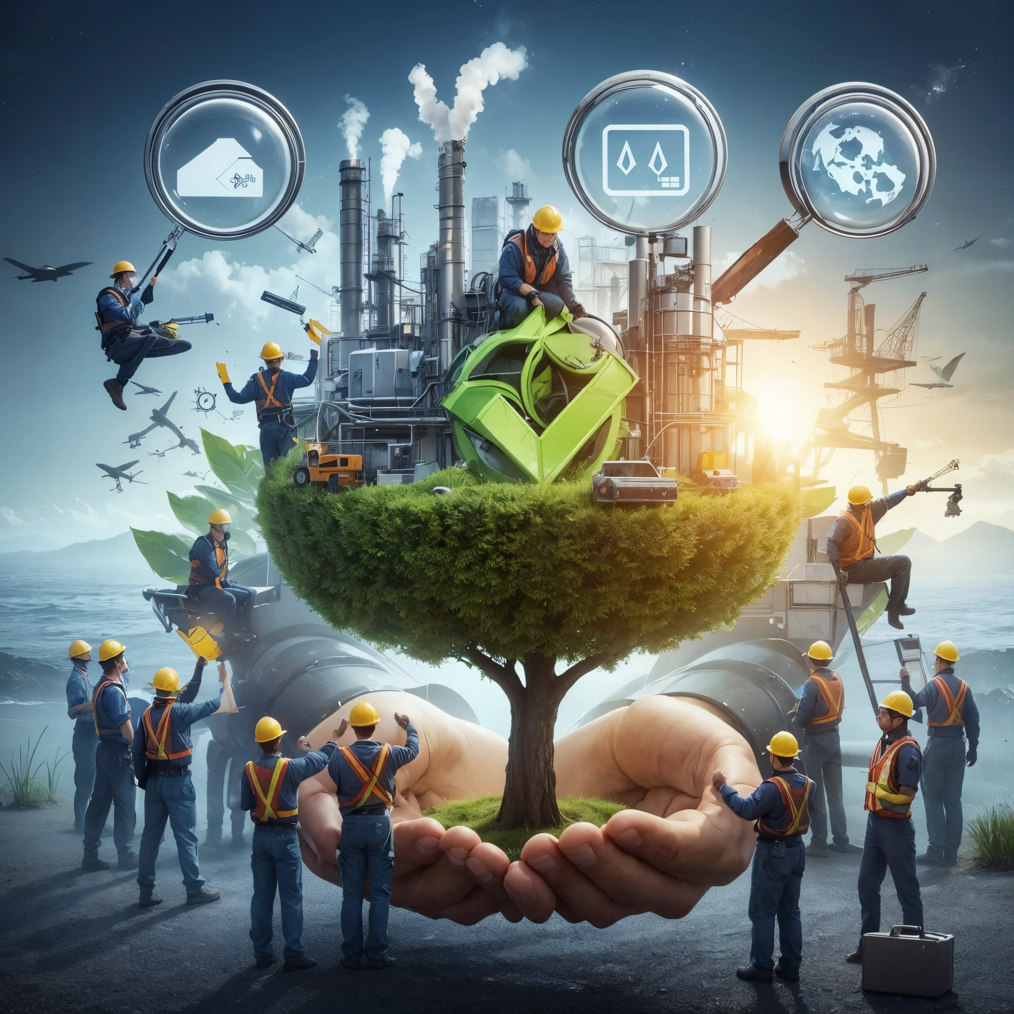 Create a poster about quality, workplace safety, environment, you facilitate, asset security, ajudando o environment, add captivating and powerful images and phrases, Por favor.