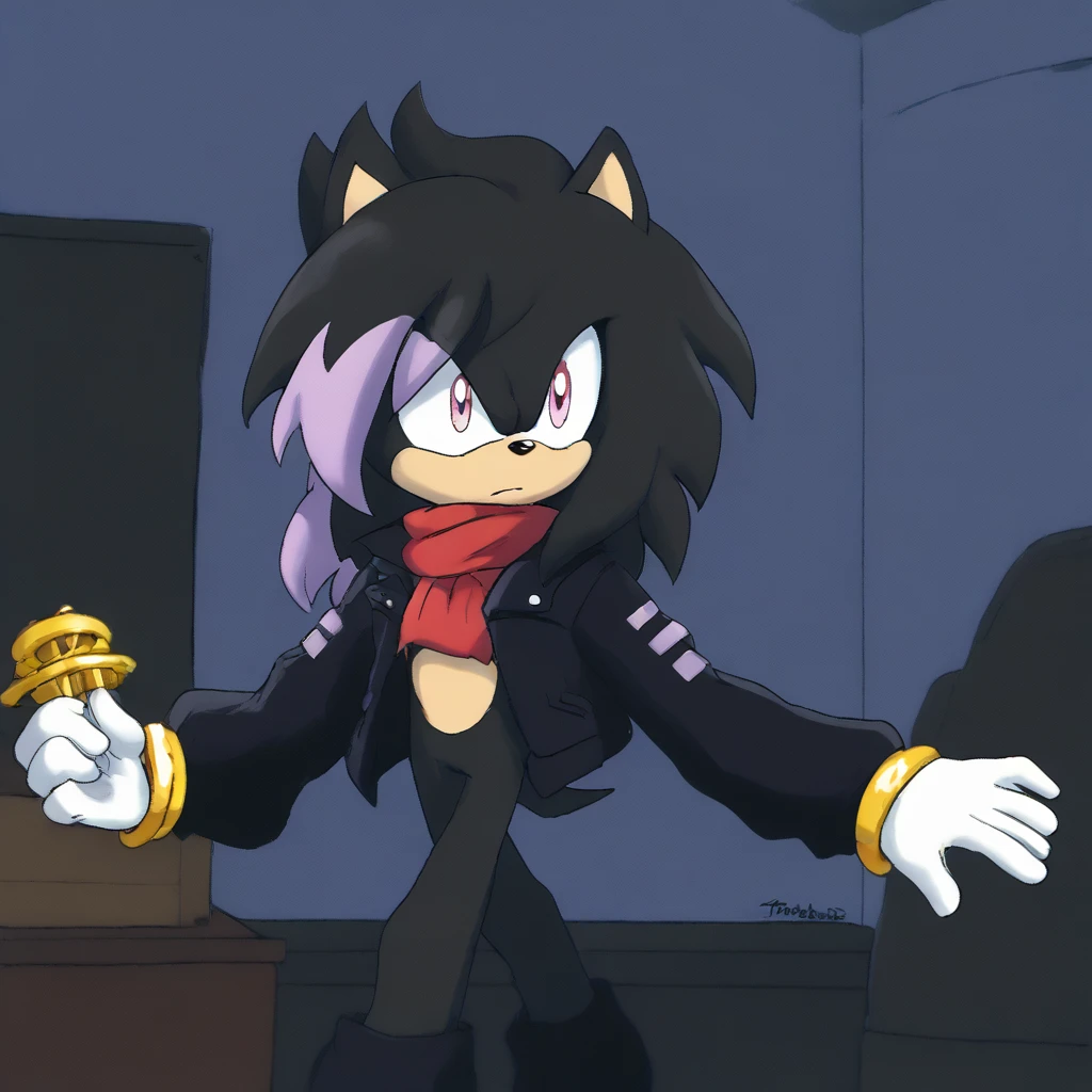 (1 boy), (Alone), Bat, black fur, similar a Sonic the Hedgehog (masculine), black hair, Light purple highlights on the tips of the hair, loose hair, a big fringe of hair, lilac eyes, black jumpsuit, black jacket, High neck scarf type, white gloves, Cuffs with gold rings around the wrists resembling shadow, make up, day time, Mobian, Mobius City, empty expression, living room, boy, Icon