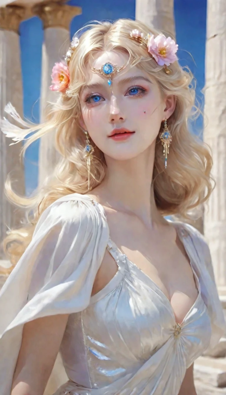 (Highest quality,Very detailed,High resolution,masterpiece,8k),Bright and vibrant colors,Official artwork,Greek white dress,Stylish makeup,Mid length, Shiny blonde hair blowing in the wind,Beautiful long, narrow eyes,Beautiful Blue Eyes,Glossy Lips,Beautiful woman with plump breasts,Beautiful neckline, Beautiful full body style,Holding,A beautiful and elegant smile,Old Greek temple,Rose flower,Detailed CG,