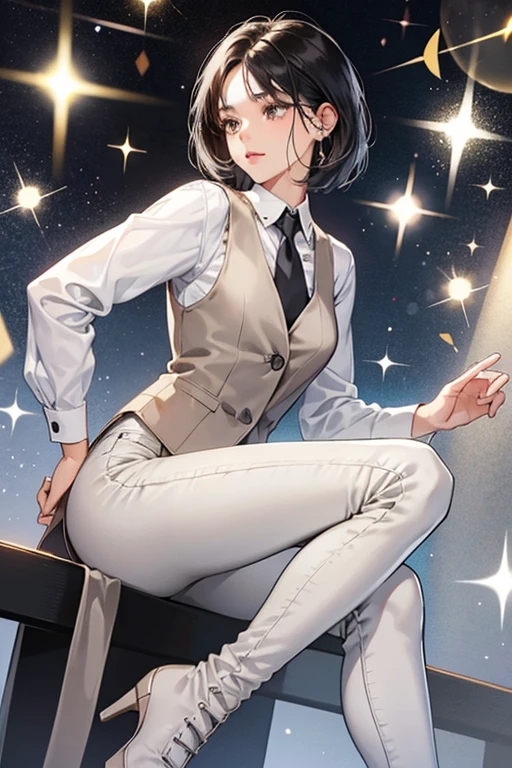 She has short black hair, brown skin, white eyes, wearing a white dress shirt with a javet, grey vest, grey skinny jeans, over-knee length heeled boots. SPARKLE; GLITTER