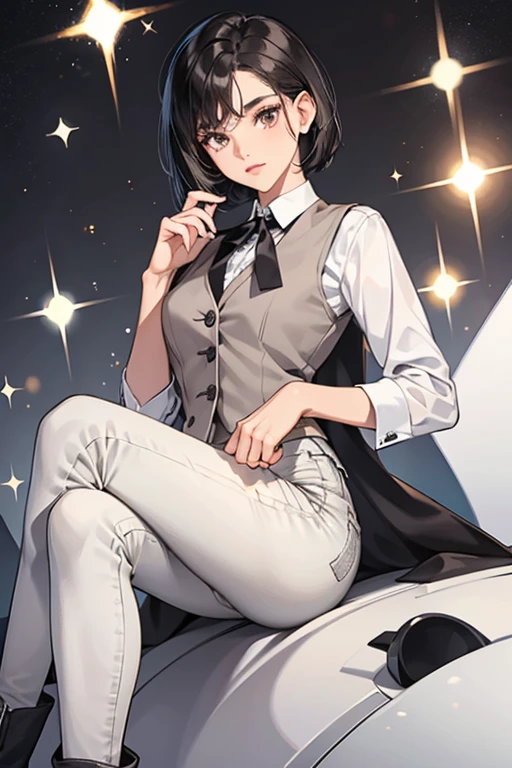 She has short black hair, brown skin, white eyes, wearing a white dress shirt with a javet, grey vest, grey skinny jeans, over-knee length heeled boots. SPARKLE; GLITTER