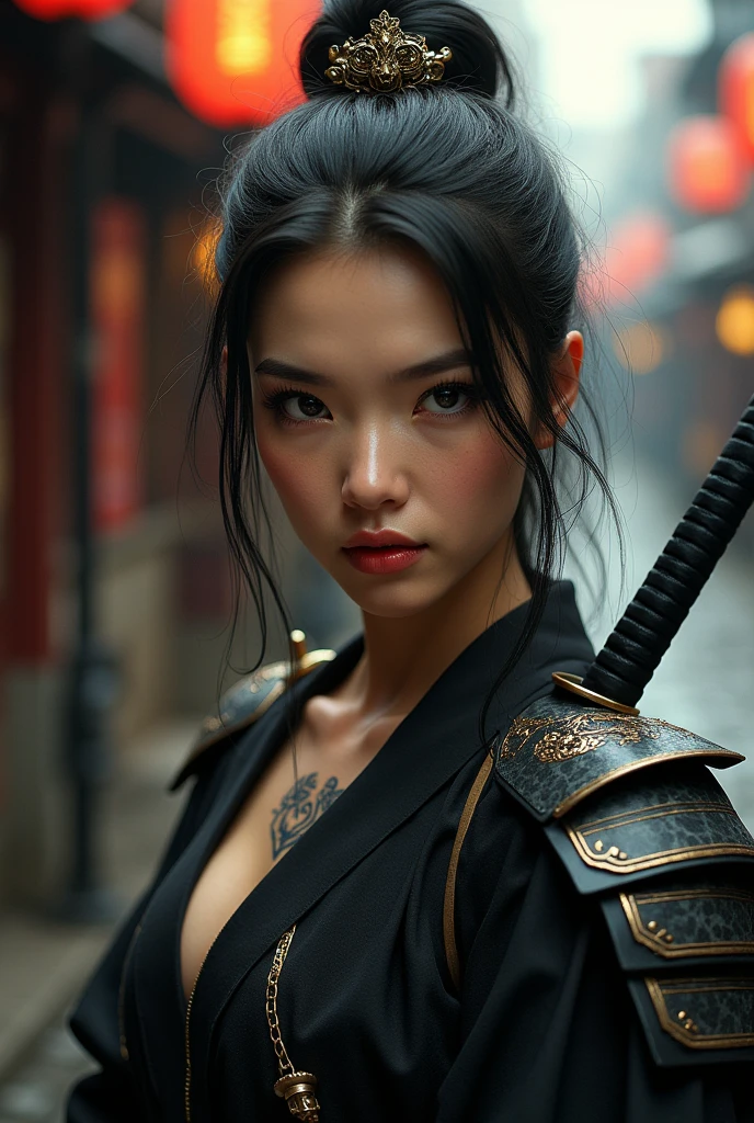 (Browsing Caution), (RAW Photos), (Realistic), (Photorealistic), Ultra-high resolution, masterpiece, Highest quality, Portraiture, facial Portraiture, Perfect lighting, Detailed lighting, Dramatic Shadows, Ray Tracing, Pure Eros Face_v1, Urzan-6500-v1.1, ((cowboy shot:1.2)), ((cleavage)), ((sexy)), ((Yakuza tattoo)), ((random sexy pose)), looking at viewer, ((wearing a samurai armor)), ((holding a Japanese sword)), ((in old Japanese street))