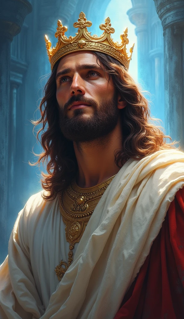 Jesus with a king&#39;s crown on his head, JesusChrist, the lord and savior, portrait of JesusChrist, Jesus of Nazareth, brilliant light masterpiece, jesus, greg olsen, king of kings, beautiful image already created, image background a kingdom of beautiful, blue and silver colors, sua mente contemplando a eternidade, glorious light,!! with a serene look and a slight smile!
