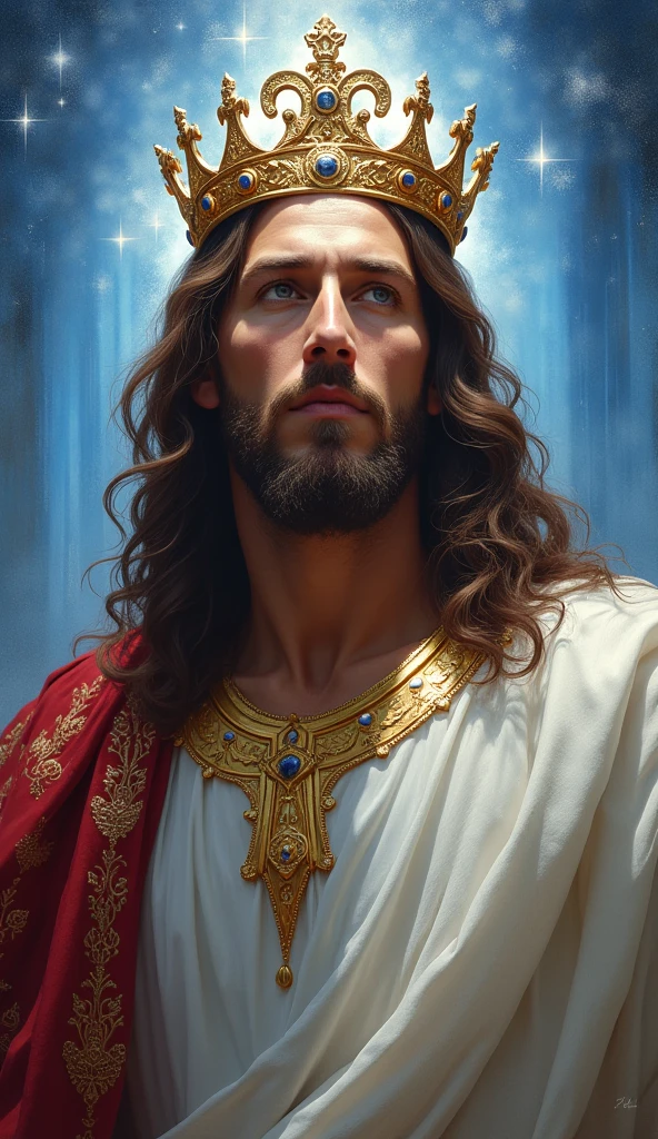Jesus with a king's crown on his head, JesusChrist, the lord and savior, portrait of JesusChrist, Jesus of Nazareth, brilliant light masterpiece, jesus, greg olsen, king of kings, beautiful image already created, image background a kingdom of beautiful, blue and silver colors, sua mente contemplando a eternidade, glorious light,!! with a serene look and a slight smile!