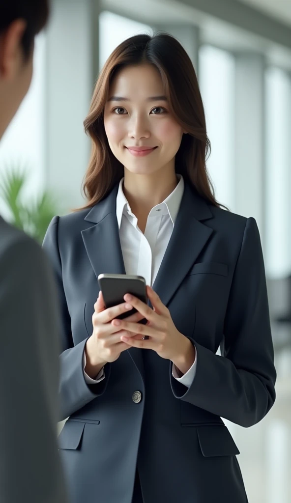 A young Japanese woman is wearing a company uniform and holding a mobile phone、When bowing, the waist is bent 20 degrees.