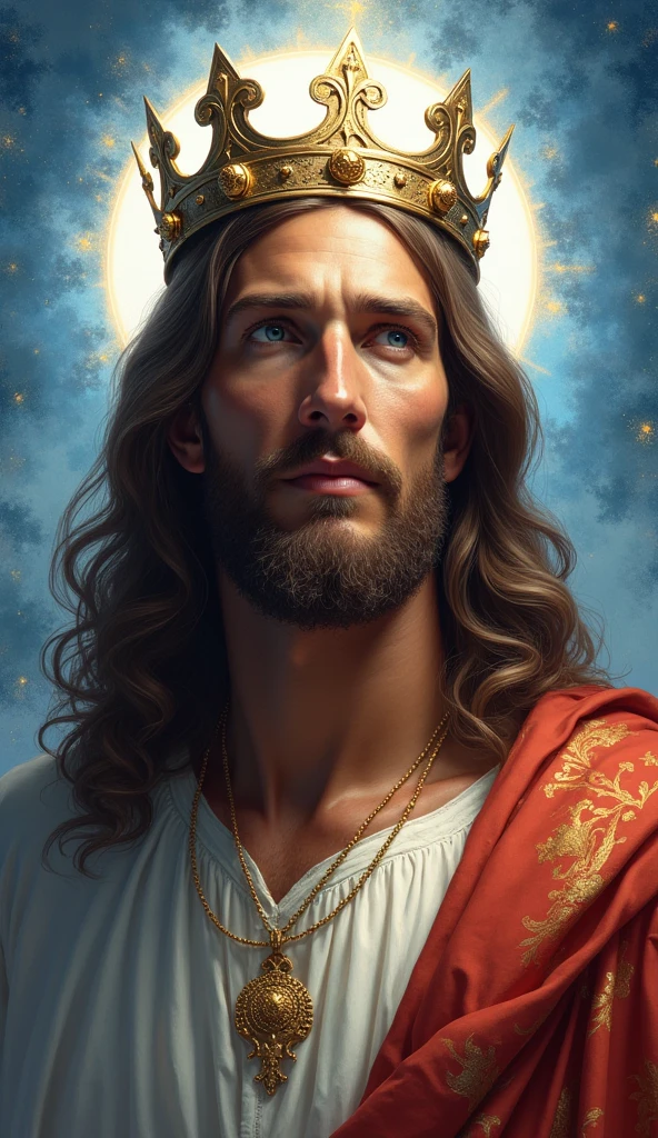 Jesus with a king's crown on his head, JesusChrist, the lord and savior, portrait of JesusChrist, Jesus of Nazareth, brilliant light masterpiece, jesus, greg olsen, king of kings, beautiful image already created, image background a kingdom of beautiful, blue and silver colors, sua mente contemplando a eternidade, glorious light,!! with a serene look and a slight smile!