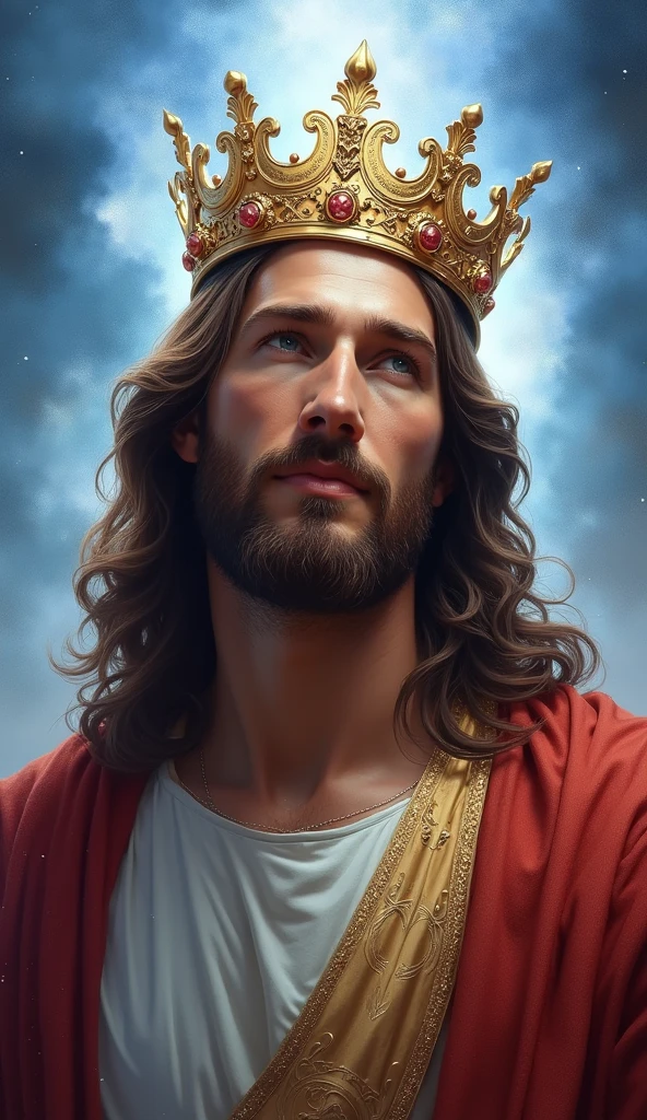 Jesus with a king&#39;s crown on his head, JesusChrist, the lord and savior, portrait of JesusChrist, Jesus of Nazareth, brilliant light masterpiece, jesus, greg olsen, king of kings, beautiful image already created, image background a kingdom of beautiful, blue and silver colors, sua mente contemplando a eternidade, glorious light,!! with a serene look and a slight smile!
