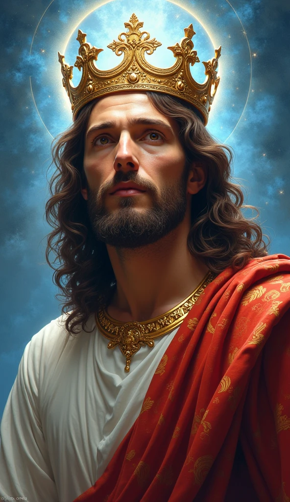 Jesus with a king's crown on his head, JesusChrist, the lord and savior, portrait of JesusChrist, Jesus of Nazareth, brilliant light masterpiece, jesus, greg olsen, king of kings, beautiful image already created, image background a kingdom of beautiful, blue and silver colors, sua mente contemplando a eternidade, glorious light,!! with a serene look and a slight smile!