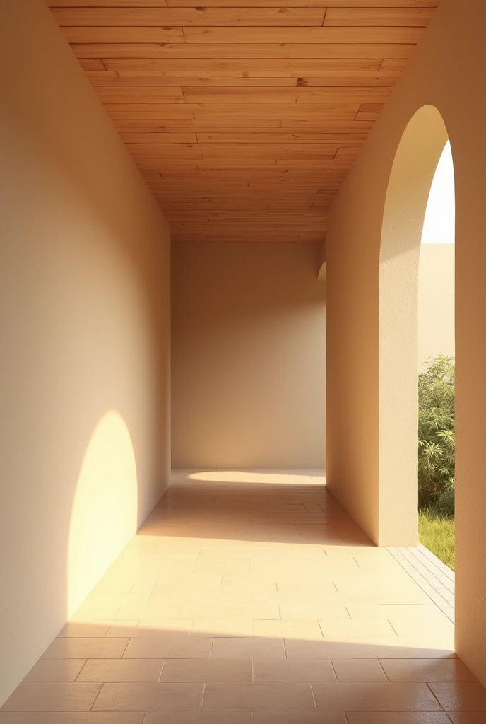 Create a wall colour for a aisle way and that have ceiling with light brown wooden wood