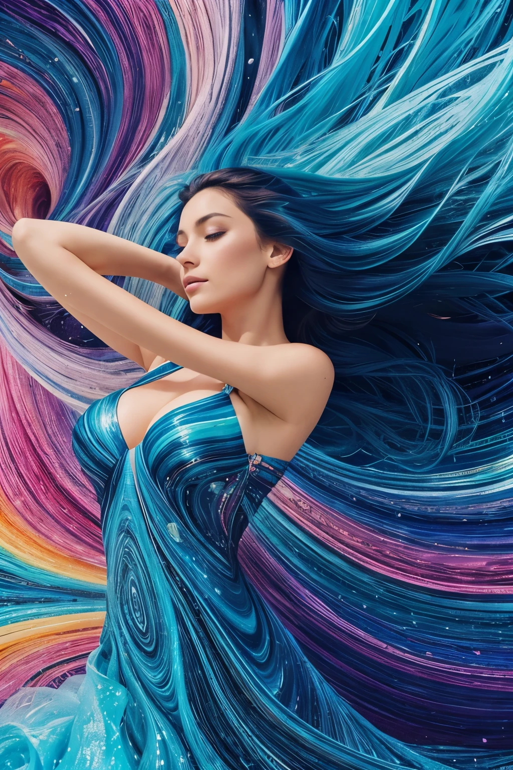 **Digital artwork featuring a beautiful, gorgeous French woman in a dynamic pose in mid-air, surrounded by vibrant, swirling colors. The woman is wearing a multi-colored dress that appears to be made of liquid material, blending seamlessly into the background. Her hair is styled in an upward motion, as if lifted by the energy around her. The background is a mix of deep blues and teals, with flowing, wave-like patterns enhancing the sense of movement. The overall composition is both ethereal and energetic, capturing a moment of graceful motion frozen in time**