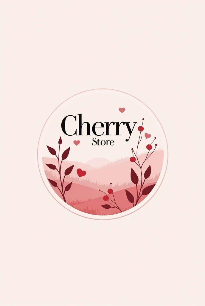 Logo for store with name " Cherry store" in Portuguese and with minimalist font, with cherries and heart-shaped flowers, landscape in the background in shades of pink and white, phrase written just below " moda feminina"