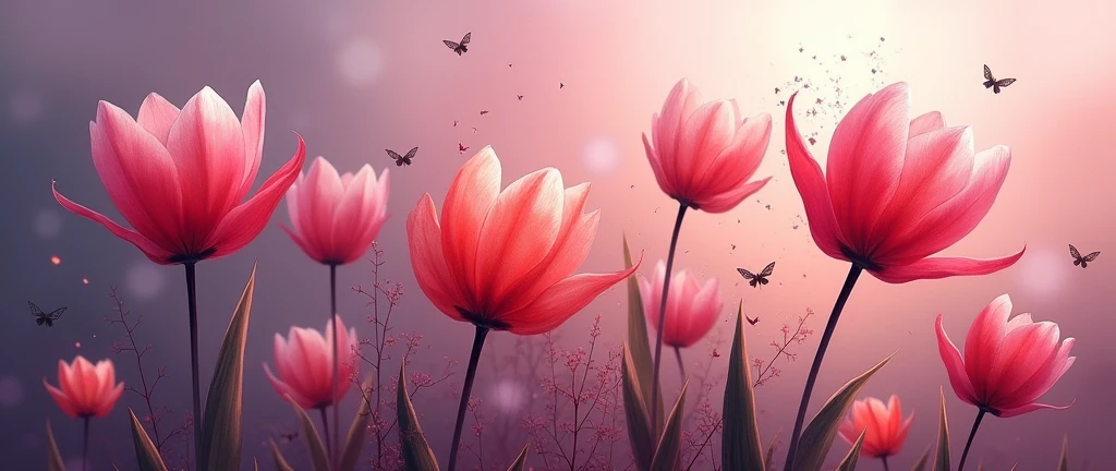 flower, Tulip,in the style of light red and white in the center, dreamy and romantic compositions, pale yellow, ethereal foliage, playful arrangements,fantasy, high contrast, ink strokes, explosions, over exposure, purple and red tone impression , abstract, ((oil painting )) brush strokes, negative space