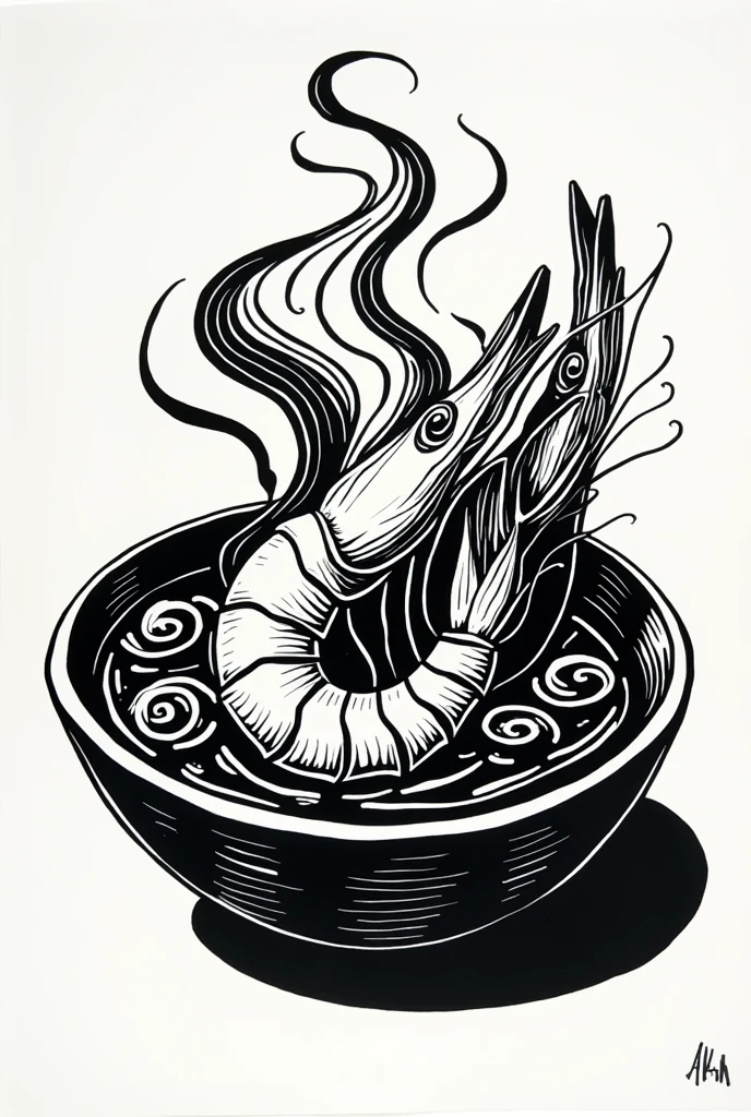 create a woodcut of shrimp bobó in a bowl with sauce a black and white artwork


