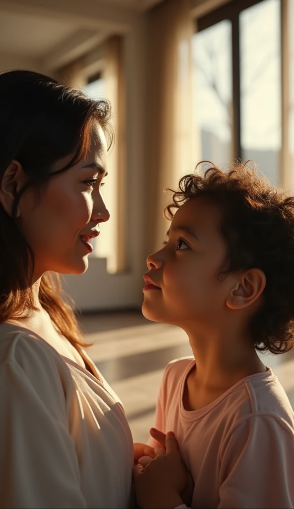 a detailed close-up portrait of two Brazilian children, 1boy 1girl, asking their Brazilian mother a question, in the interior of a minimalist luxury mansion, soft natural lighting, warm color tones, extremely detailed, cinematic, photorealistic, 8K, (best quality:1.2),(photorealistic:1.37),realistic skin textures,beautiful detailed eyes,beautiful detailed lips,extremely detailed facial features,intricate details,dramatic lighting,high-end furniture,hardwood floors,large windows,curtains blowing,depth of field