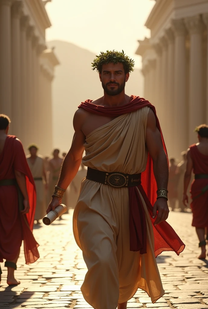 a messenger delivering a message in ancient Rome, Rome 30 BC, highly detailed, cinematic, digital art, photorealistic, (best quality, 4k, 8k, highres, masterpiece:1.2), ultra-detailed, (realistic, photorealistic, photo-realistic:1.37), intricate details, exquisite details, incredible details, masterfully painted, vibrant colors, dramatic lighting, dramatic shadows, warm lighting, historical, classical architecture, cobblestone streets, togas, laurel wreaths, roman empire, ancient civilization, scroll, parchment, quill, historical accuracy