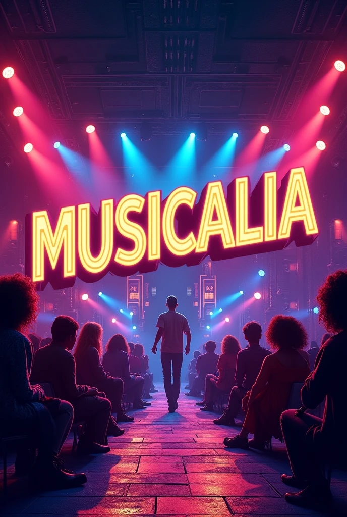 Create a vibrant Instagram profile image for a professional flashback show account. The image must contain the name Musicalia. A imagem deve remeter a shows de flashback