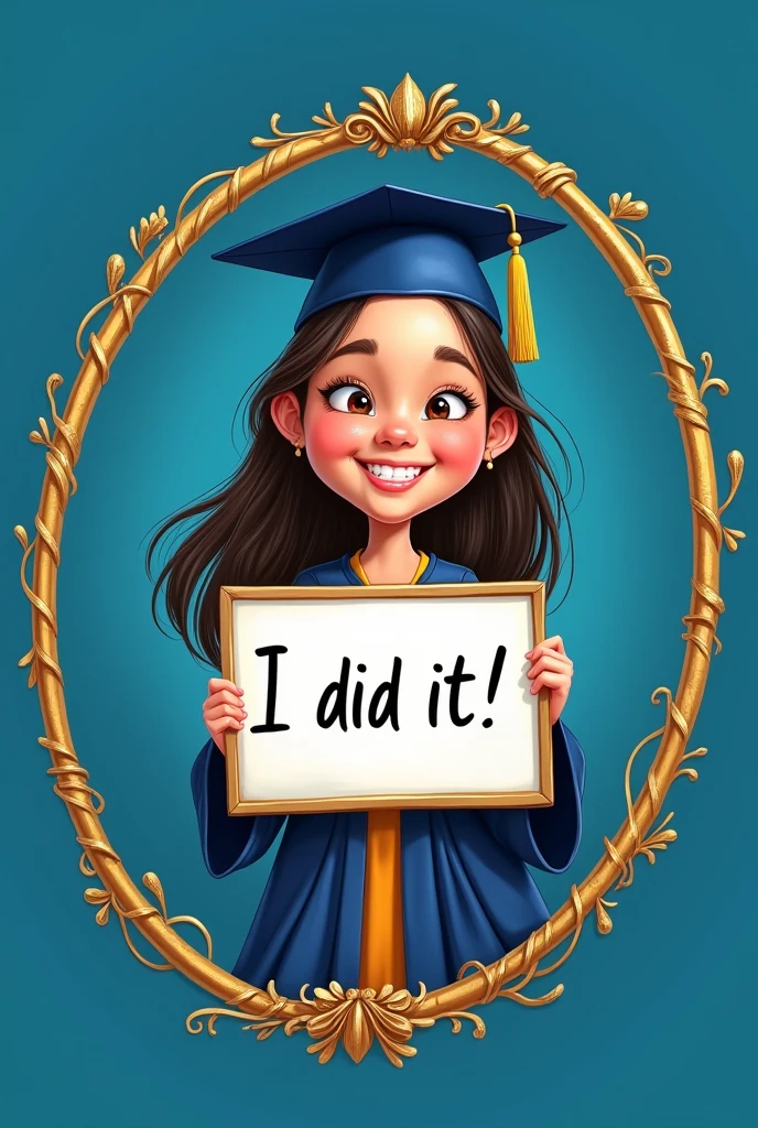 Inside a golden circular frame with a blue background, there is a girl wearing a graduation gown and holding in both hands a rectangular signboard with the words I did it written on it, only visible in the middle of her body, a high-resolution caricature and calligraphy art 