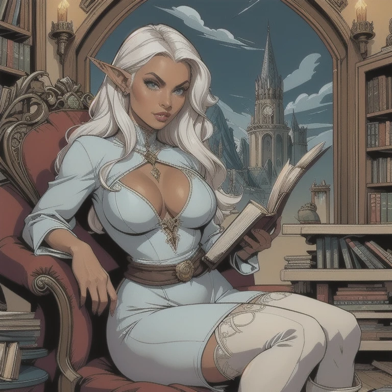 a female dark elf, long curly white hair like clouds, pointed ears, opaque eyes, thin lips, round face, tan skin tone, wearing form-fitting clothes, large bust and wide hips, sitting in a cozy armchair, looking at the viewer, wearing knee-high boots, holding a large open book, sitting in an elven library setting